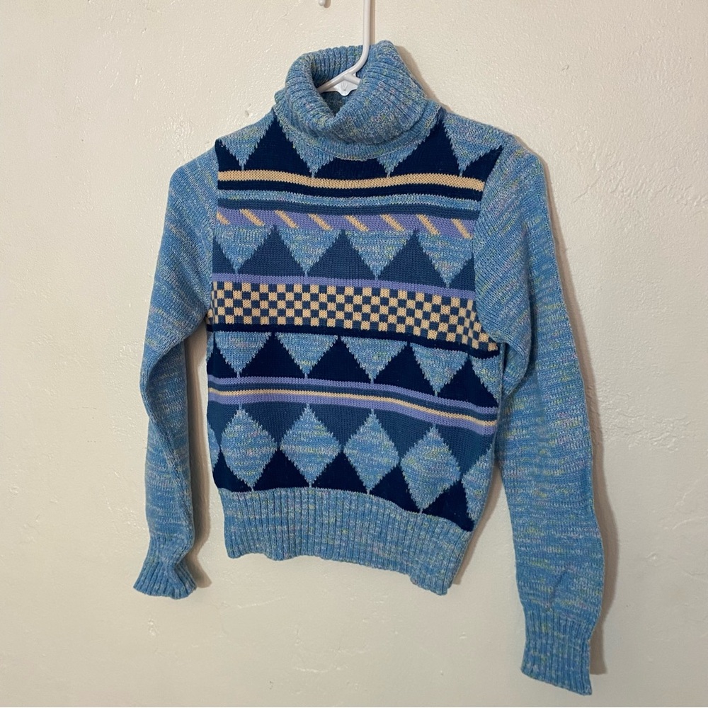 🤩 Express Vintage Kids Sweater Geometric Pattern Knit Turtleneck Crochet 80’s